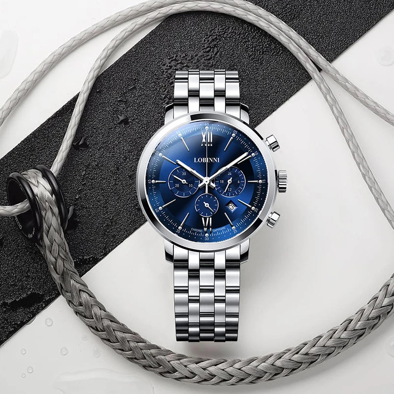LOBINNI Men Chronograph Watch Luxury Mens Quartz Wristwatch Waterproof Clock Sapphire Dress Steel Strap Relogios Masculino