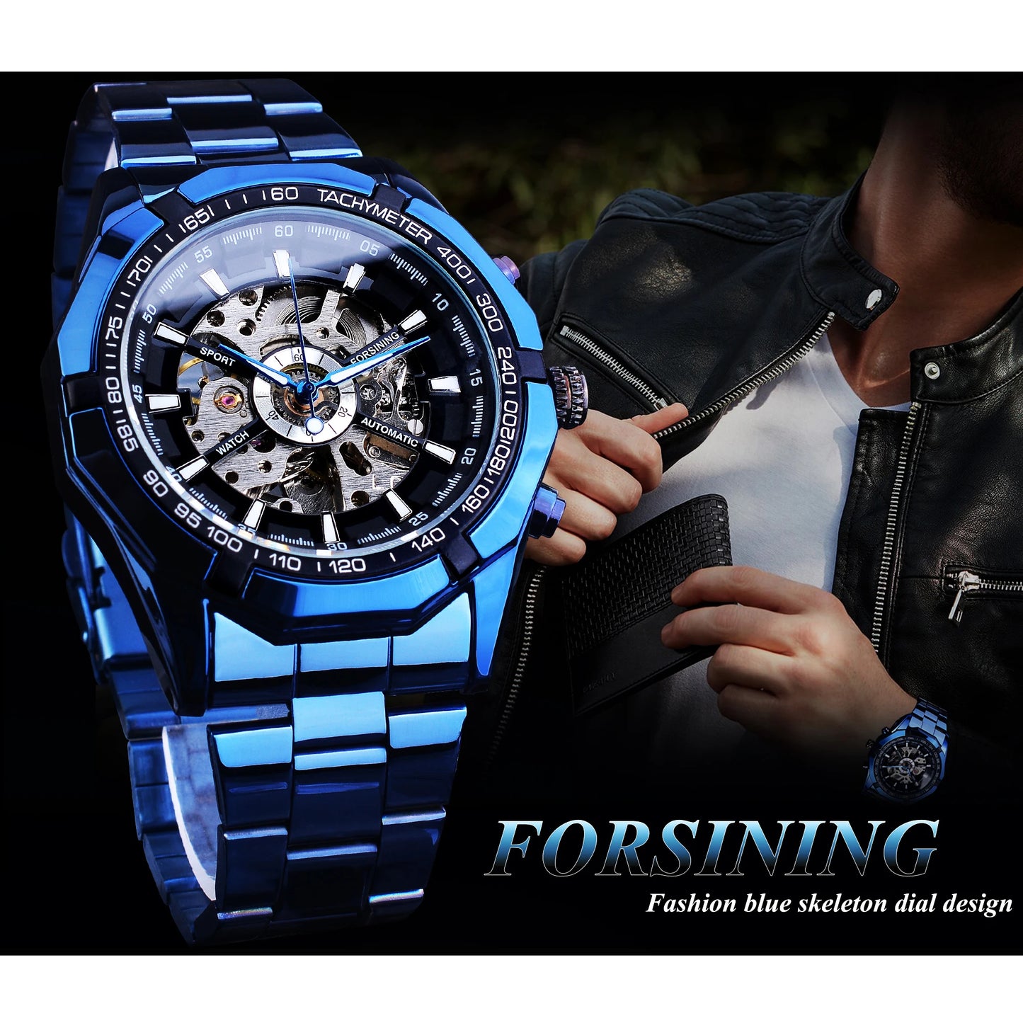 Forsining Mechanical Men's Wristwatch Skeleton Hollow Automatic Watch 3Bar Stainless Steel Men Watches Blue Fashion Reloj Hombre