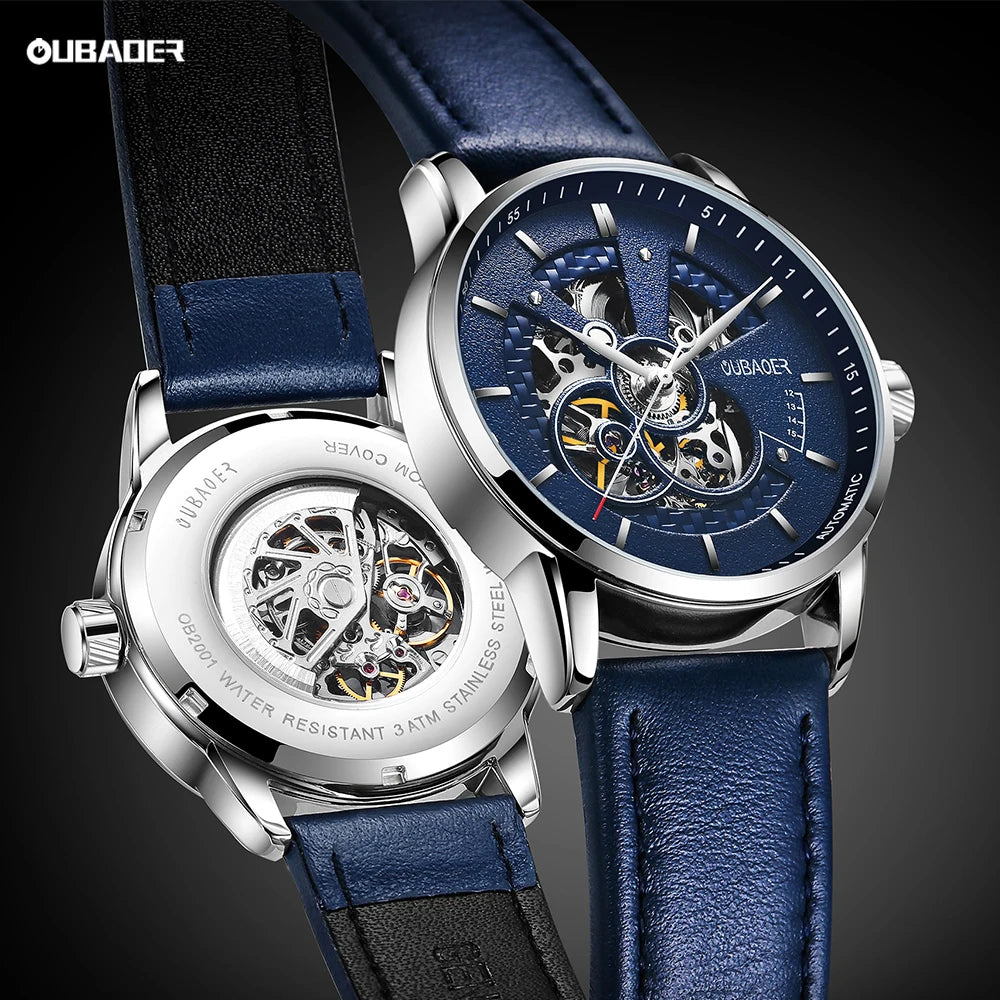OUBAOER Mens Watches 2024 Mechanical Automatic Top Brand Luxury Tourbillon Self Winding Leather Sport Wristwatch
