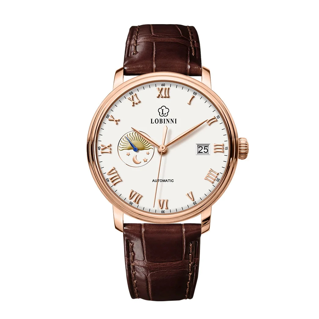 LOBINNI Mens Automatic Watches Luxury Male Watch Waterproof Mechanical Wristwatch Sapphire Date Leather Strap Sun-Moon Dial