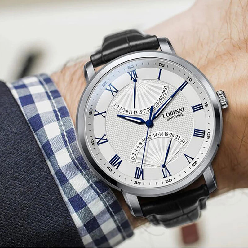 LOBINNI Men Watch Top Luxury Brand Quartz Wristwatch Waterproof Clock Sapphire Dress Leather Strap Reloj Hombre