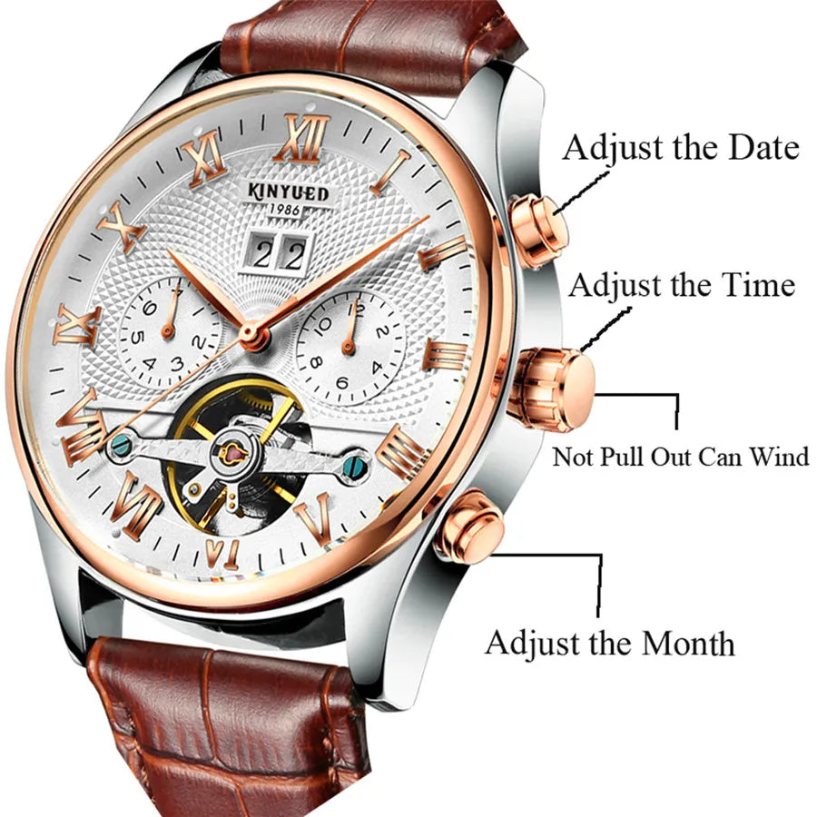 KINYUED Mens luxury original Brand watches Men Skeleton Tourbillon Mechanical Automatic analog watch for Man Waterproof bracelet