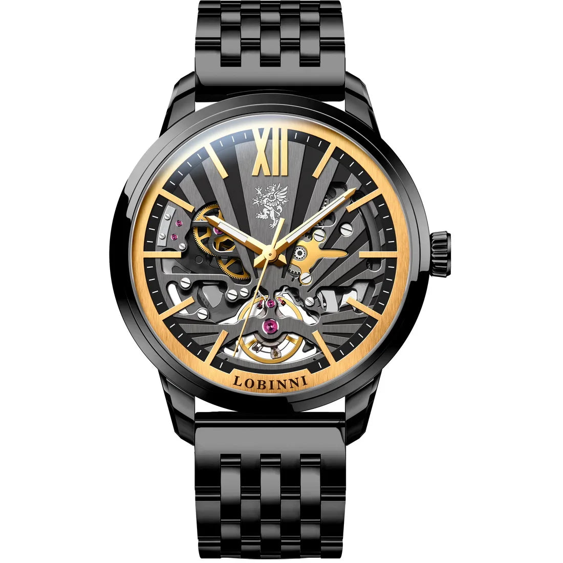 LOBINNI Men Automatic Watch Luxury Male Mechanical Wristwatch Fashion Waterproof Black Dual Side Skeleton Dial Sapphire Mirror