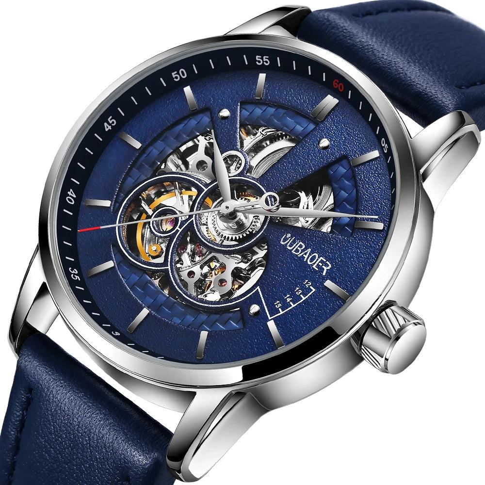 OUBAOER Mens Watches 2024 Mechanical Automatic Top Brand Luxury Tourbillon Self Winding Leather Sport Wristwatch