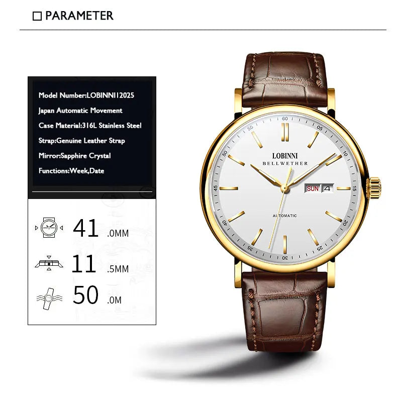 LOBINNI Men Automatic Watch Top Luxury Brand Male Watches Dress Mechanical Wristwatch Business Sapphire Crystal relógio masculin
