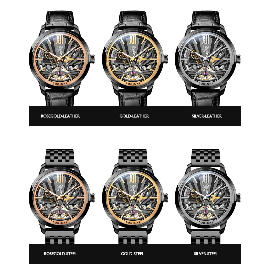 LOBINNI Men Automatic Watch Luxury Male Mechanical Wristwatch Fashion Waterproof Black Dual Side Skeleton Dial Sapphire Mirror