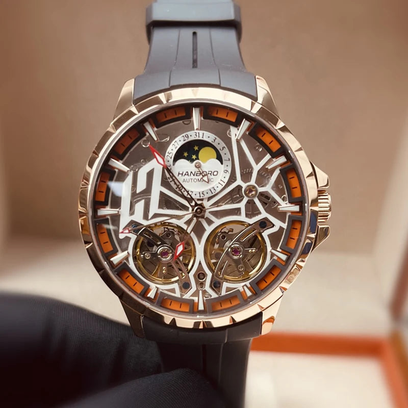 HANBORO Men Luxury Watch Mens Automatic Watches 50m Waterproof Luminous Mechanical Wristwatch Skeleton Dual Wheel Fly