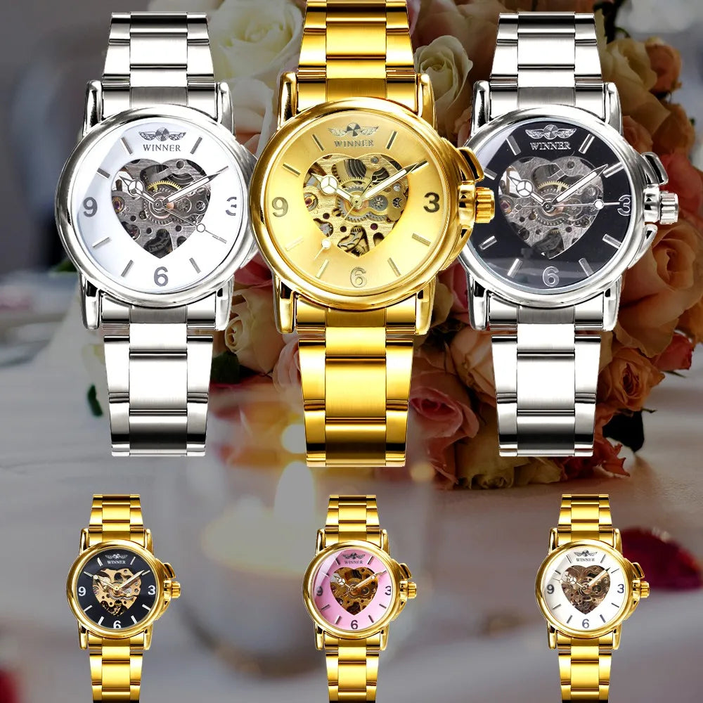 Fashion Winner Top Brand Women Automatic Mechanical Golden Heart Skeleton Dial Full Stainless Steel Band Elegant Lady Watches
