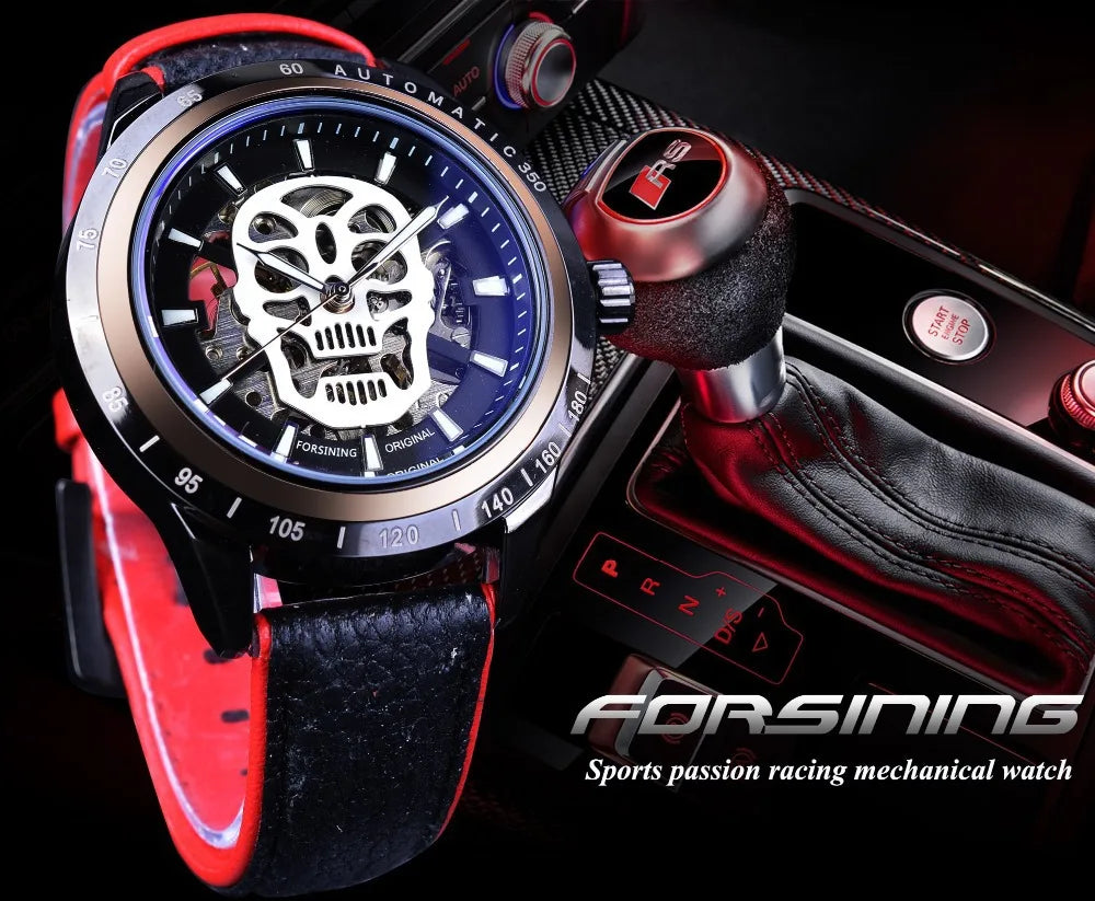 Fashion Forsining Top Brand Men's Casual Night Glow Skull Hollow Out Skeleton Waterproof Leather Mechanical Automatic Watches