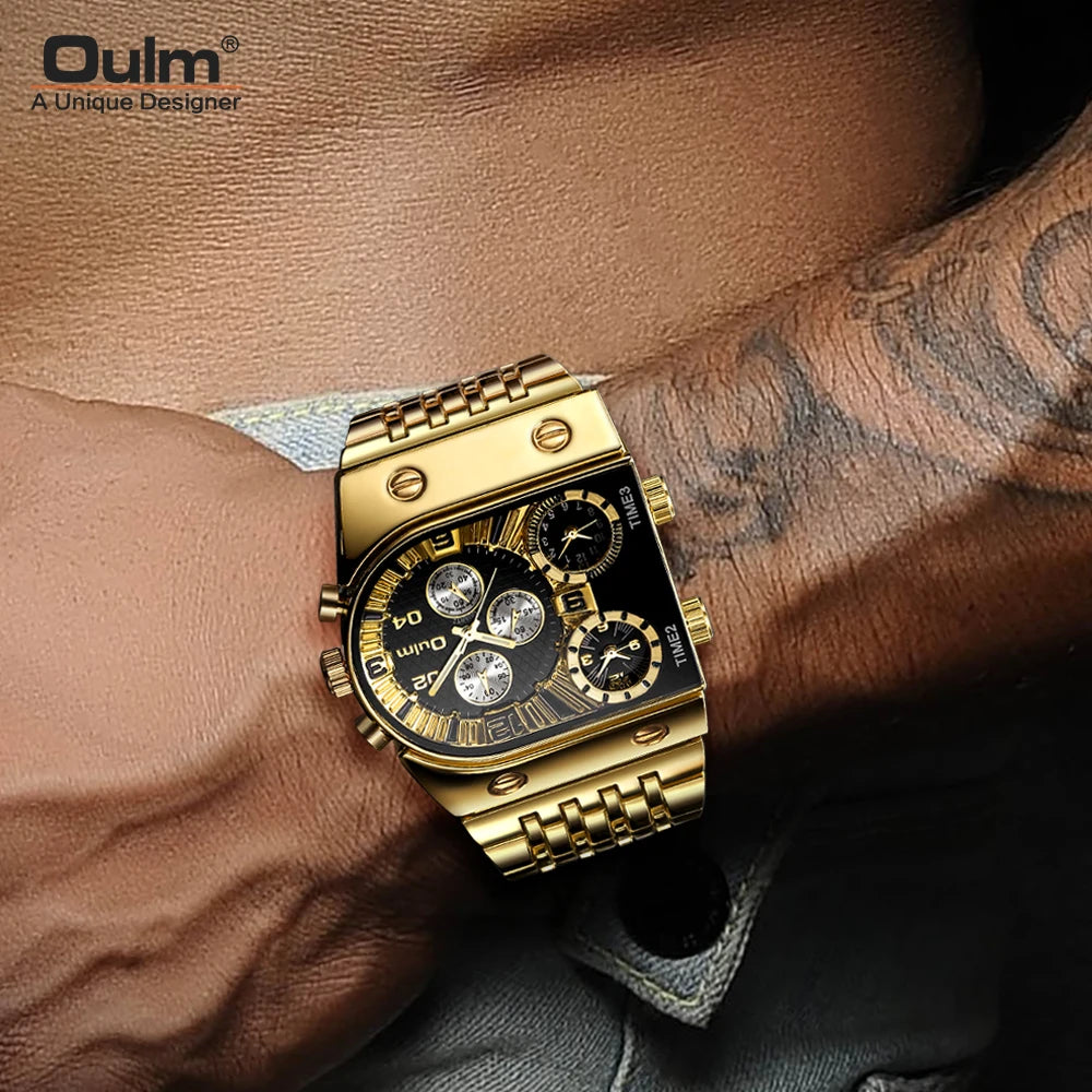 Oulm Top Large Dial Men Watch Square Gold Quartz Wrist Watch for Man Sports Multi-Time Zone Military Male Waterproof 2023