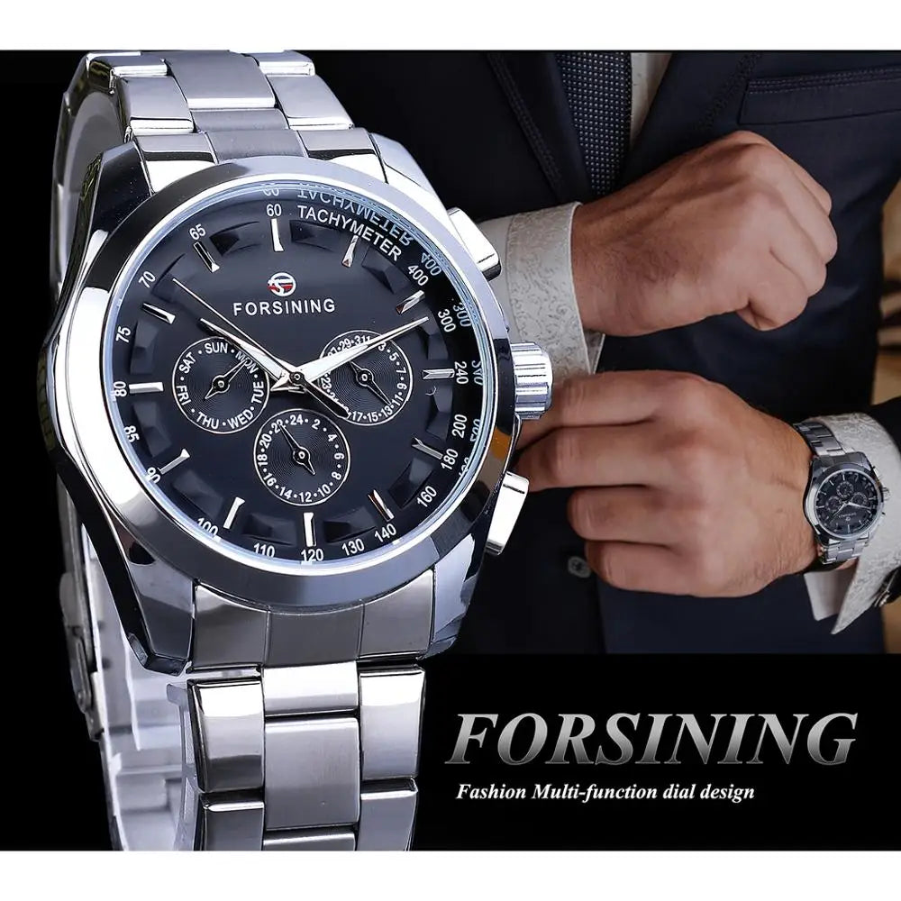 Forsining Top Brand Style Automatic Full Stainless SteelWatch Men Mechanical Business Wristwatch With Calendar Luminou Pointers