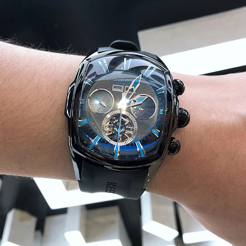 Reef Tiger/RT Designer Men Sport Watches Tourbillon Blue Dial Analog Display Rubber Strap Luminous Clock RGA3069