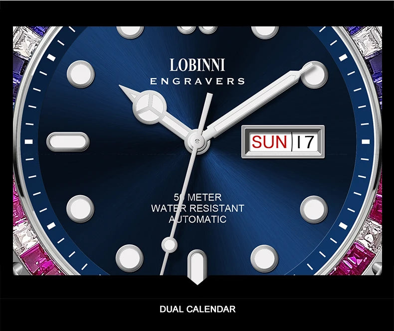 LOBINNI Men Automatic Watch 42.5mm Luxury Mechanical Wristwatch Sapphire Luminous Dual Calendar Week Date Diamond Bezel