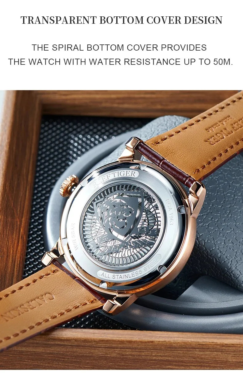 Reef Tiger Men Automatic Watch 42.5mm Mechanical Wristwatch 50M Waterproof Luminous Multi Dial Week,Date,24 Hours,World Time