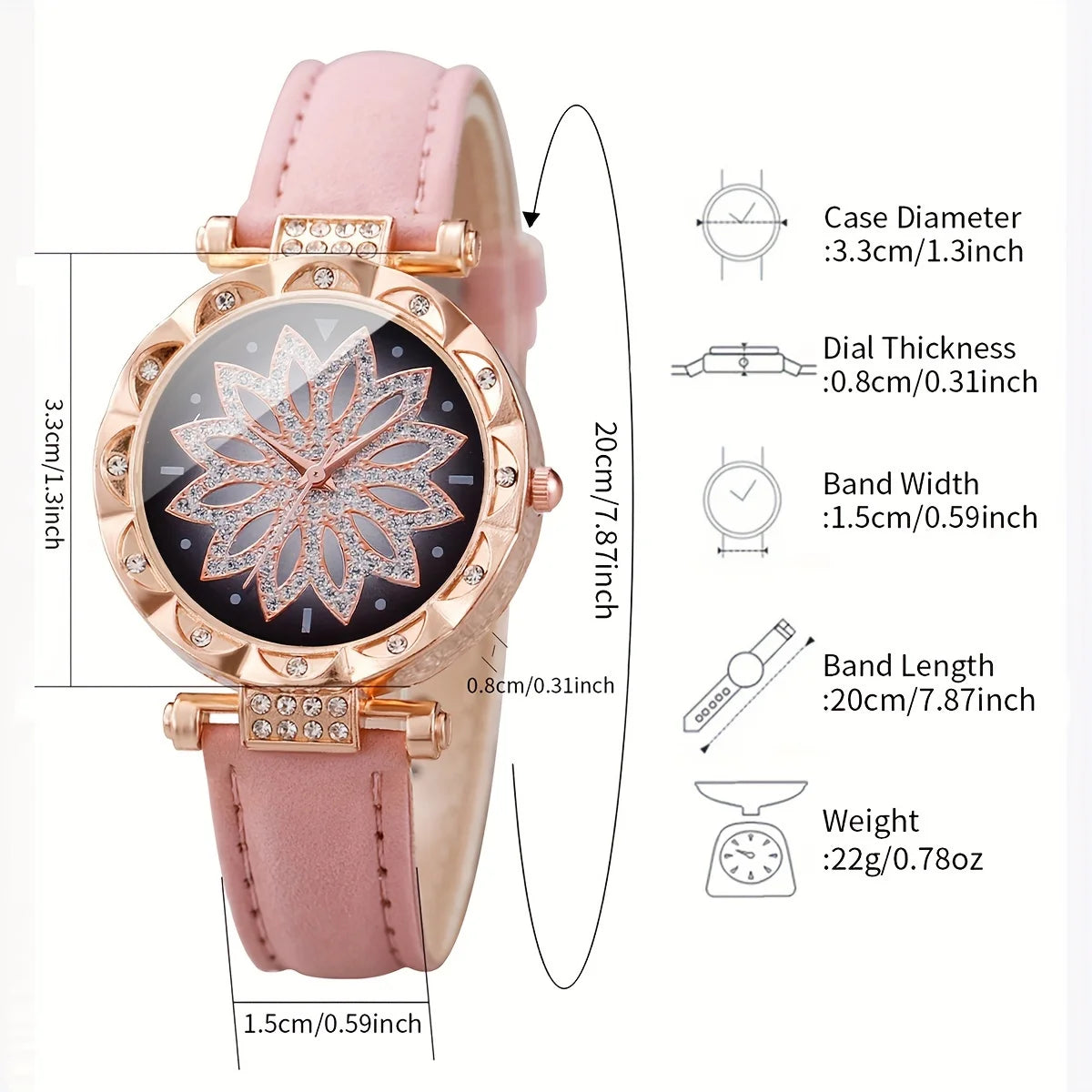 6pcs/set Women's Watch Elegant Rhinestone Flower Quartz Watch Analog PU Leather Wrist Watch & Jewelry Set, Gift For Mom Her