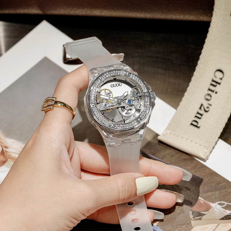 Luxury Women's Skeletonized Transparent Automatic Mechanical Wristwatch Fashion Top Brand Diamonds Bezel Waterproof Silicone