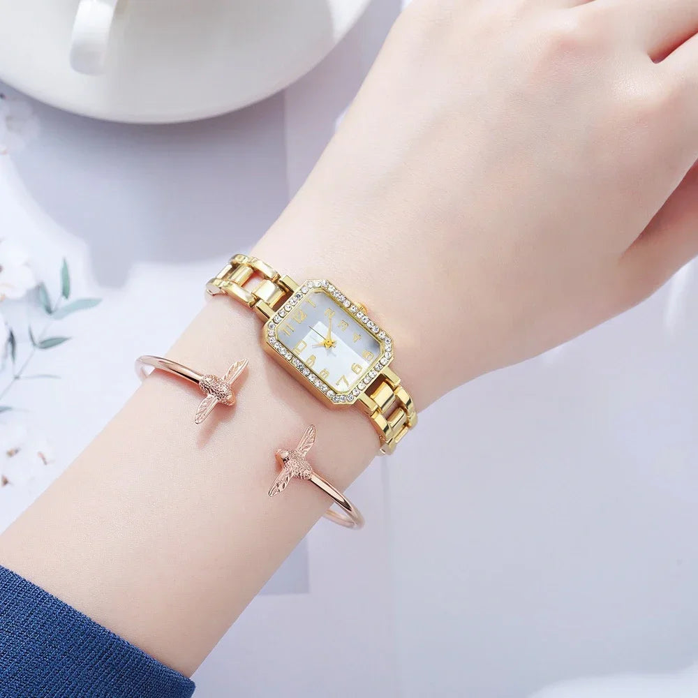 2024 New Luxury Watch for Women Simple Square Full Diamond Digital Quartz Watche Gold Stainless Steel Bracelet Dress Clock Reloj