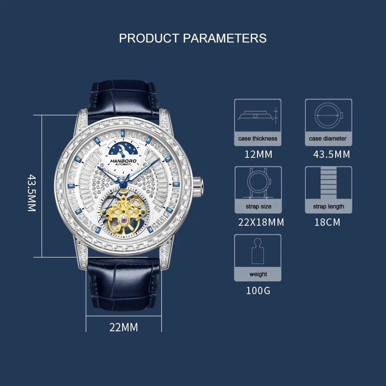 HANBORO Men Luxury Watch 43.5mm Automatic Mechanical Wristwatch Luminous 50M Waterproof Crystal Decoration Skeleton Dial
