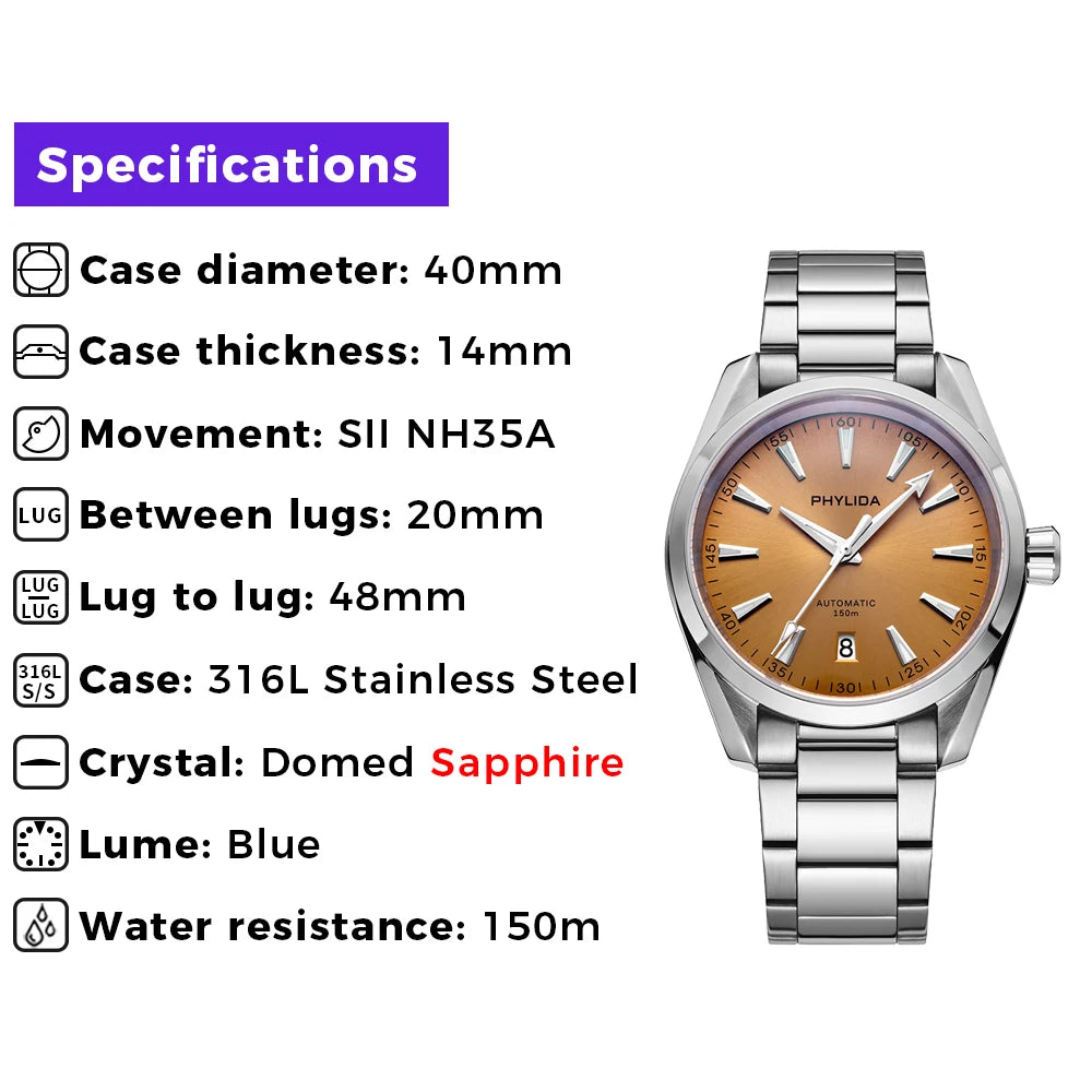 PHYLIDA New Champagne Dial Aqua 150m Automatic Watch Sapphire Crystal NH35A Wristwatch 100WR Diver Watches for Men