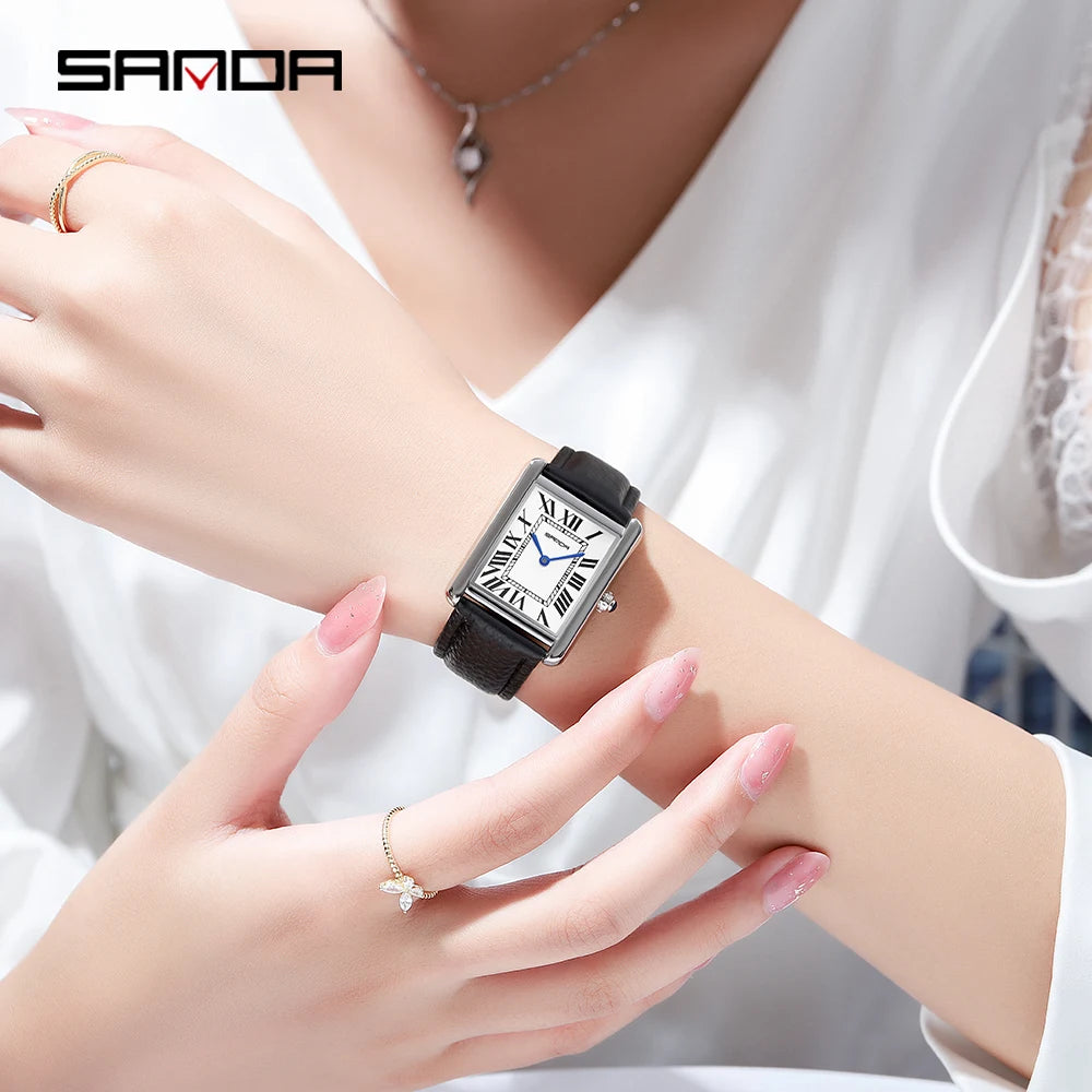 New Fashion Sanda Top Brand Rectangular For Women Man Silver Case Luxury Leather Band Quartz Clock Zegarek Damski Wrist Watches