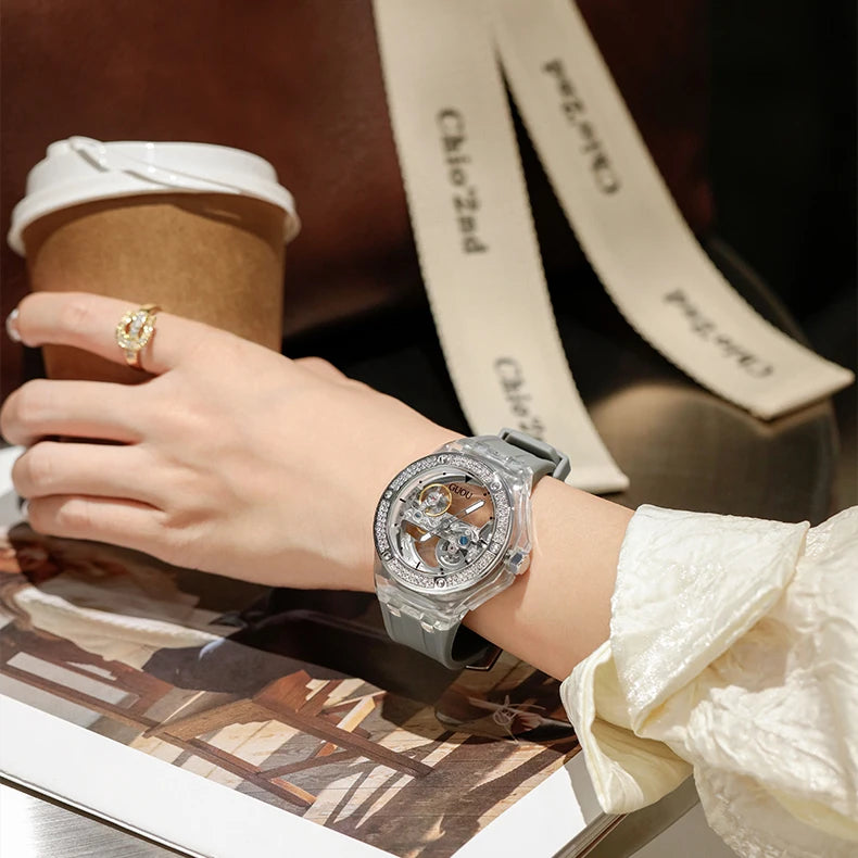 Luxury Women's Skeletonized Transparent Automatic Mechanical Wristwatch Fashion Top Brand Diamonds Bezel Waterproof Silicone