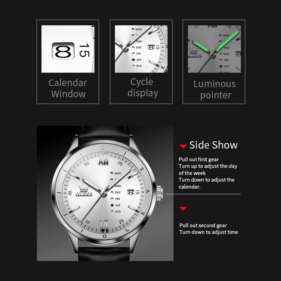 OLEVS 2931 Quartz Fashion Watch Gift Leather Watchband Round-dial Calendar