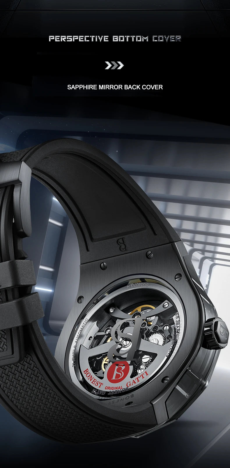 BONEST GATTI Men Automatic Watch 45mm Mechanical Wristwatch Crystal Case Sapphire Luminous Fluororubber Strap Skeleton Dial