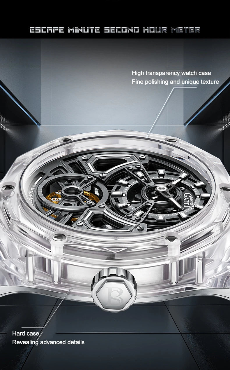 BONEST GATTI Men Automatic Watch 45mm Mechanical Wristwatch Crystal Case Sapphire Luminous Fluororubber Strap Skeleton Dial