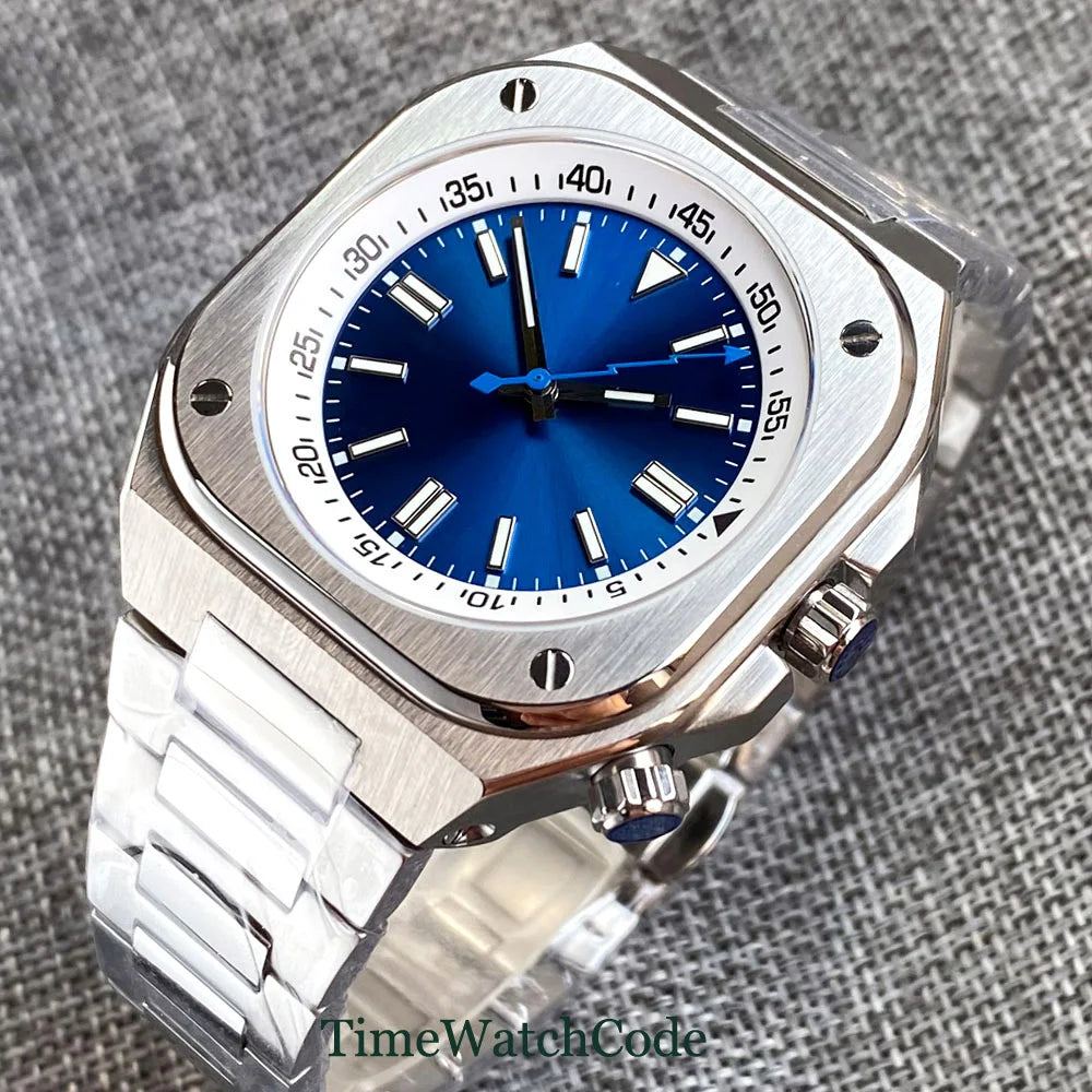 Tandorio Automatic Men‘s Watch 42mm NH35 Movement Square Case Sapphire Glass Blue Dial Rotating Chapter Ring Screw Down Crown