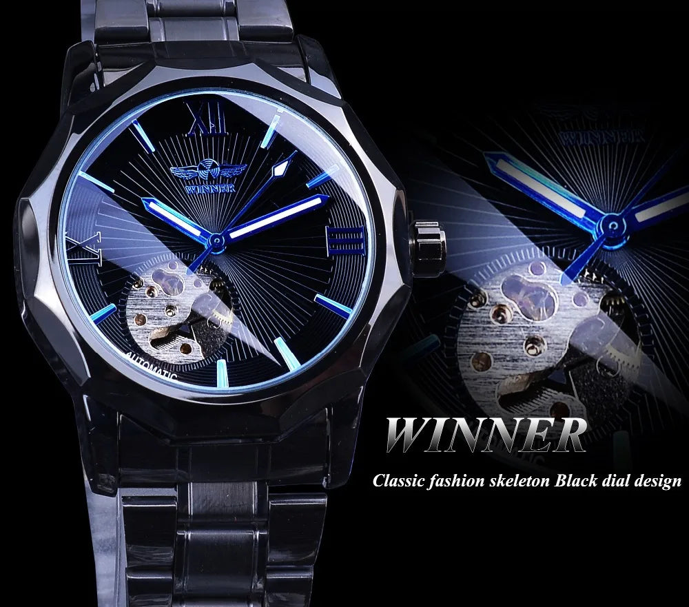Fashion Winner Top Brand Men's Casual Hollow Mechanical Movement Automatic Mechanical Full Black Stainless Steel Wrist Watches