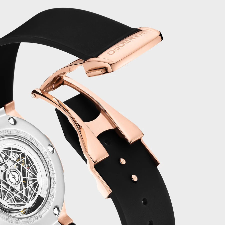 HANBORO Mens Luxury Watches Men Automatic Watch Luxury Mechanical Wristwatch Luminous Skeleton Silicone Strap Hexagonal Bezel