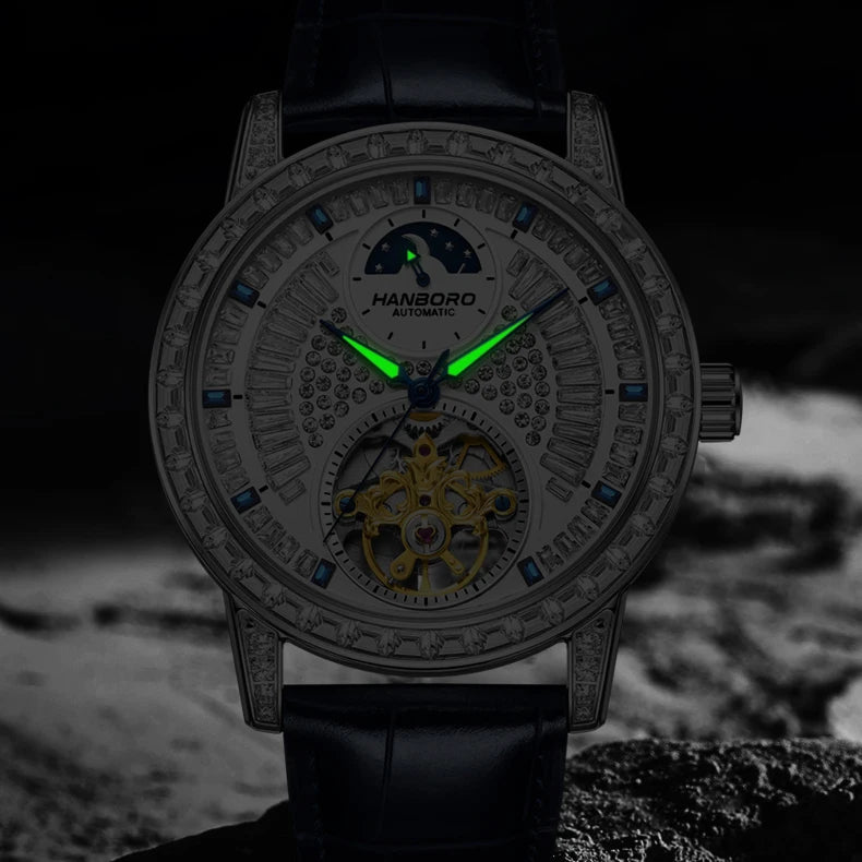 HANBORO Men Luxury Watch 43.5mm Automatic Mechanical Wristwatch Luminous 50M Waterproof Crystal Decoration Skeleton Dial