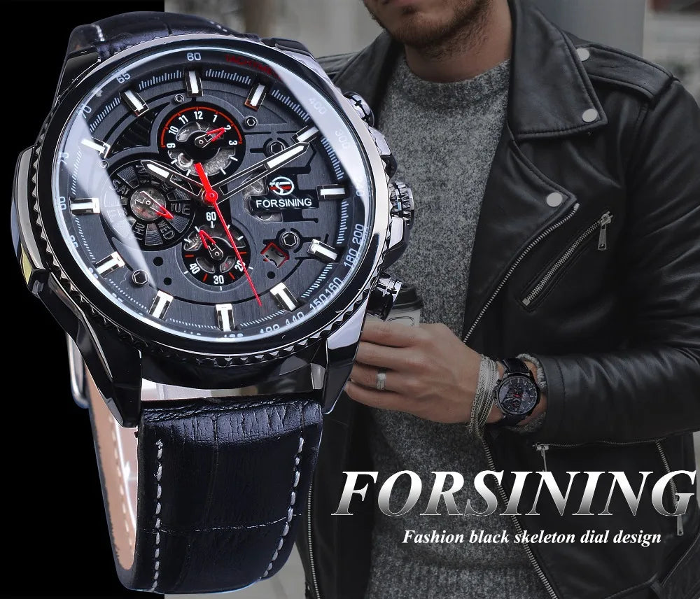 Fashion Forsining Top Brand Genuine Leather Men's Calendar Week Display Multifunctional Automatic Mechanical Wrist Watches