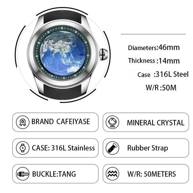 KAFYASE Men Automatic Watch 46mm Luxury Fashion Mechanical Wristwatch Bubble Mineral Mirror Rubber Strap