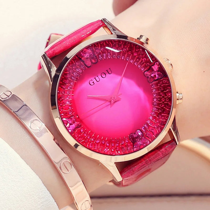 Fashion Guou Hk Top Brand Womens Watches Luxury Big Dial Quartz Genuine Leather Strap Waterproof Casual Gift Clock Reloj Hombr