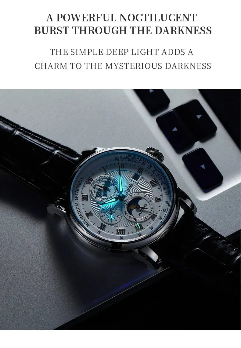 Reef Tiger Men Automatic Watch 42.5mm Mechanical Wristwatch 50M Waterproof Luminous Multi Dial Week,Date,24 Hours,World Time