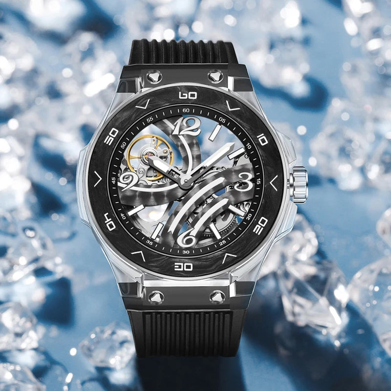 HANBORO Men Luxury Watch Automatic Mechanical Wristwatch Waterproof Luminous Skeleton Acrylic Case Carbon Fibre / Ceramic Bezel