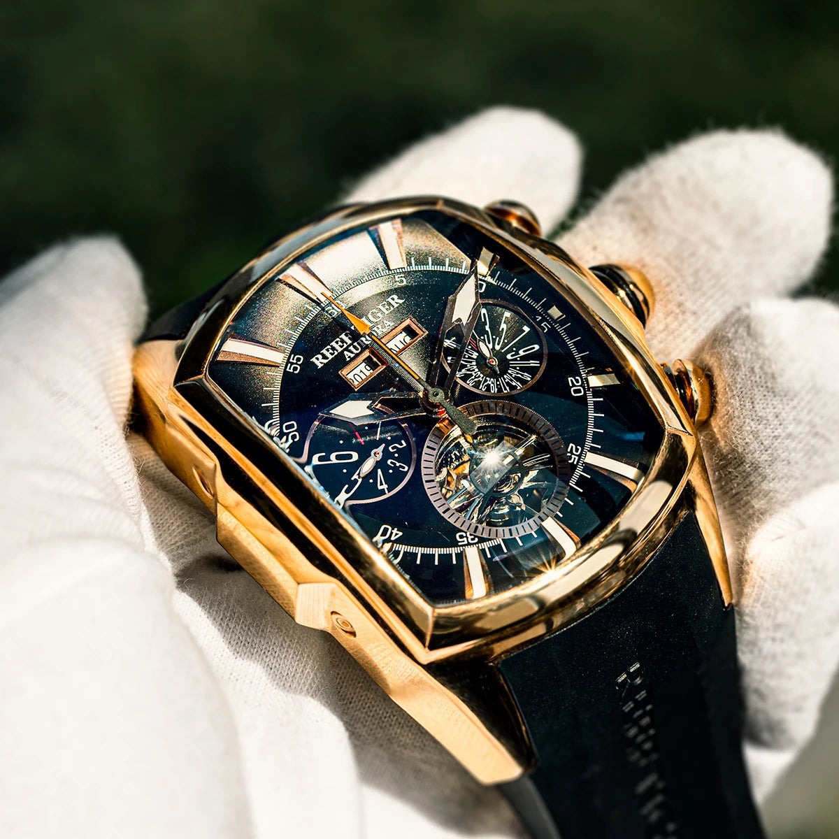 Reef Tiger/RT Designer Men Sport Watches Tourbillon Blue Dial Analog Display Rubber Strap Luminous Clock RGA3069