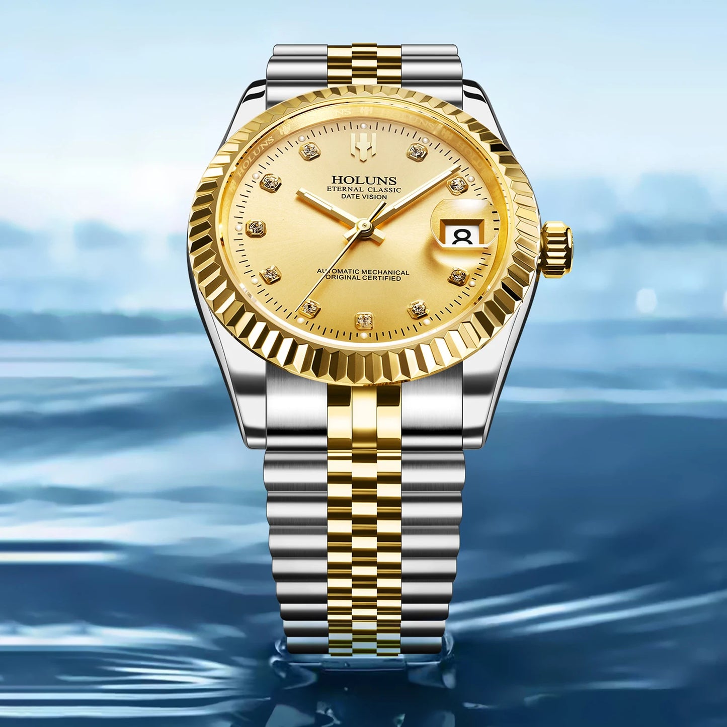 Holuns 2024 New Luxury Stainless Steel Automatic Watch For Men Gold Classic Role Mechanical Wristwatches Sapphire Waterproof
