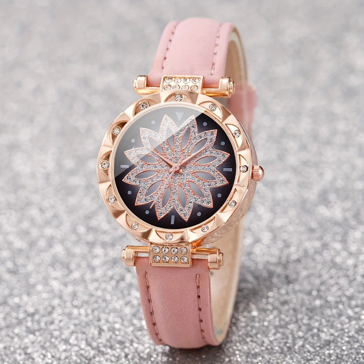 6pcs/set Women's Watch Elegant Rhinestone Flower Quartz Watch Analog PU Leather Wrist Watch & Jewelry Set, Gift For Mom Her