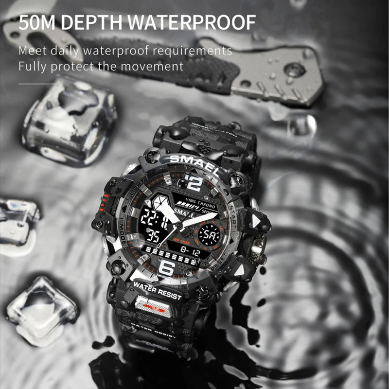 SMAEL Men Watches 50m Waterproof Sports Watch Military Man Sports Watch Digital 8072 Dual Display Watch Quartz Led Digital