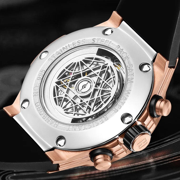 HANBORO Mens Luxury Watches Men Automatic Watch Luxury Mechanical Wristwatch Luminous Skeleton Silicone Strap Hexagonal Bezel