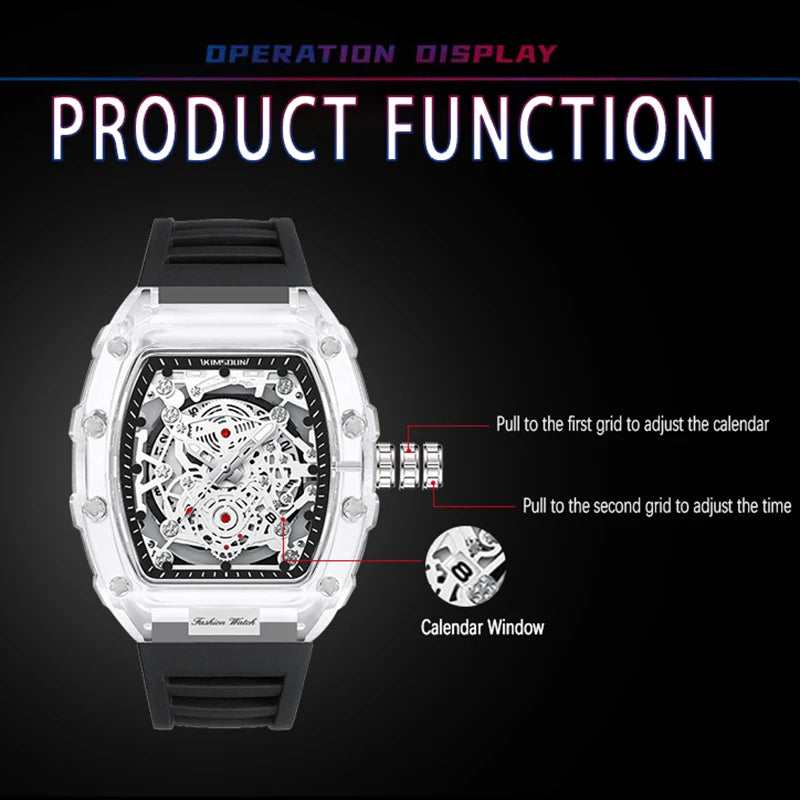 YIKAZE Men's Watches Classic Barrel Quartz Watch for men Transparent Hollow Case Waterproof Calendar Fashion Wristwatch Clock