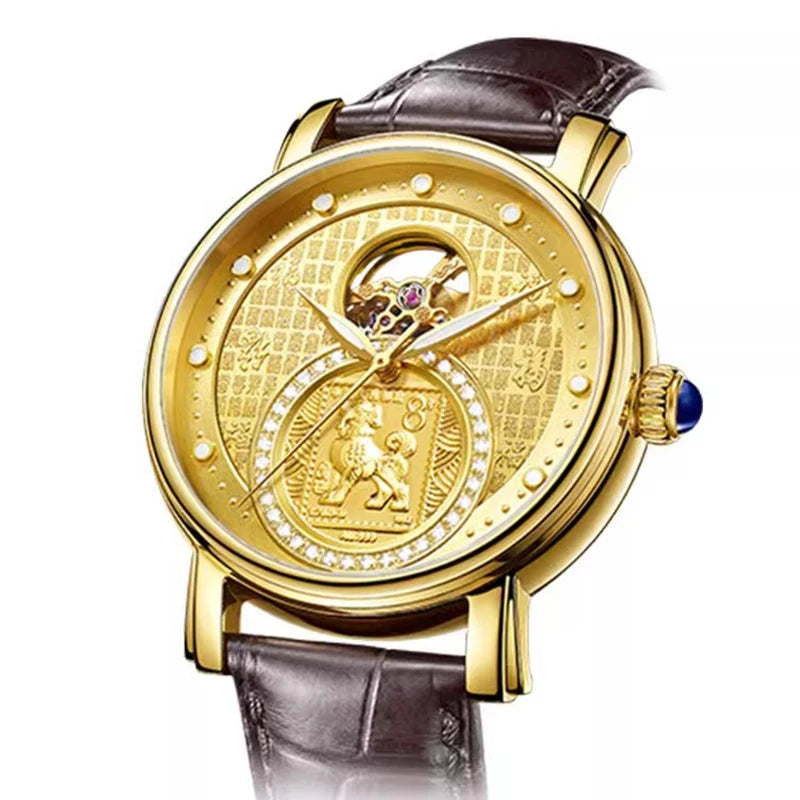 BROJET China Post Zodiac Stamp Dragon Year Men's Gold Watch Chinese Emperor Calligraphy Hundred Blessings Sapphire Machinery