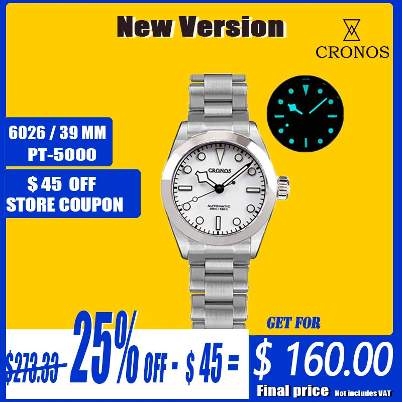 Cronos BB39 Mechanical Men‘s Watches 39mm Automatic PT5000 SW200 Snow Hands Sapphire Glass Bushed Bracelet 20ATM L6026M