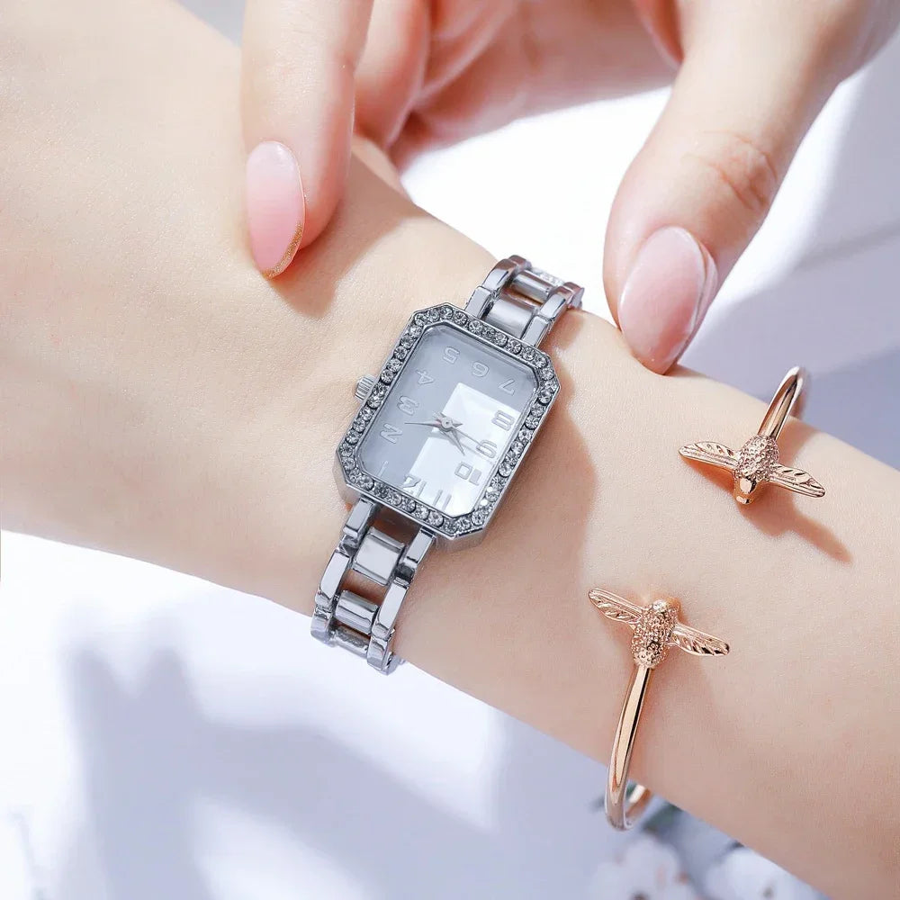 2024 New Luxury Watch for Women Simple Square Full Diamond Digital Quartz Watche Gold Stainless Steel Bracelet Dress Clock Reloj