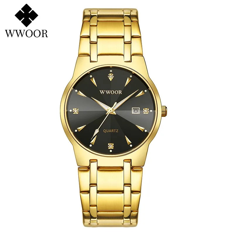Fashion Wwoor Diamond Men Watch Top Brand Luxury Gold Black Steel Quartz Wristwatch Waterproof Automatic Date Relogio Masculino