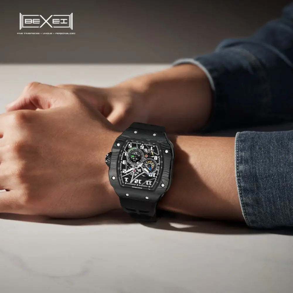 BEXEI 9088 Carbon Fiber MIYOTA82S7 Barrel shaped Sapphire Mirror Wrist watches Automatic Movement Waterproof fashion Sports wind