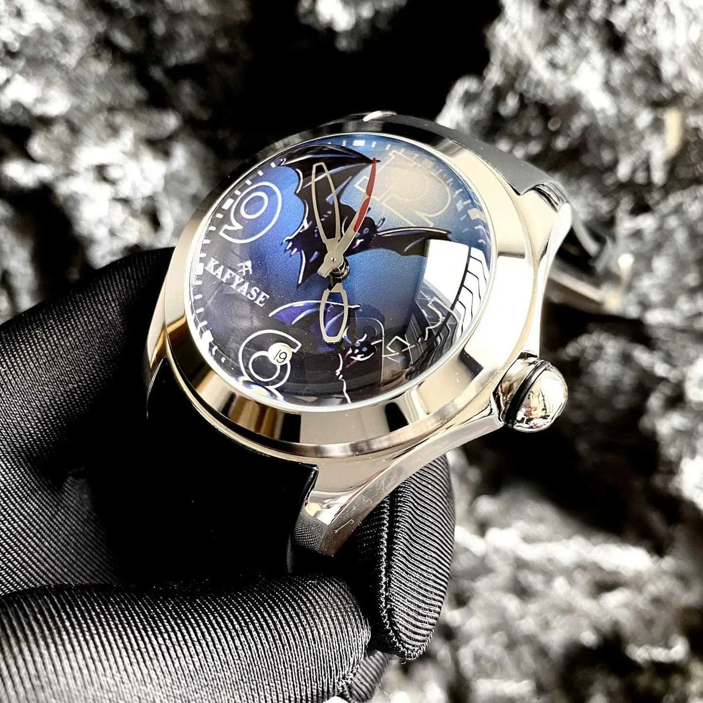 KAFYASE Men Automatic Watch 46mm Luxury Mechanical Wristwatch Bubble Mineral Mirror Rubber Strap Fashion Dial