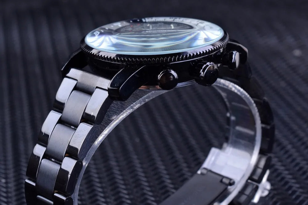 Fashion Jaragar Top Brand Hot Selling Blue Glass Casual Full Stainless Steel & Silicone Automatic Mechanical Men's 3 Eyes Watch